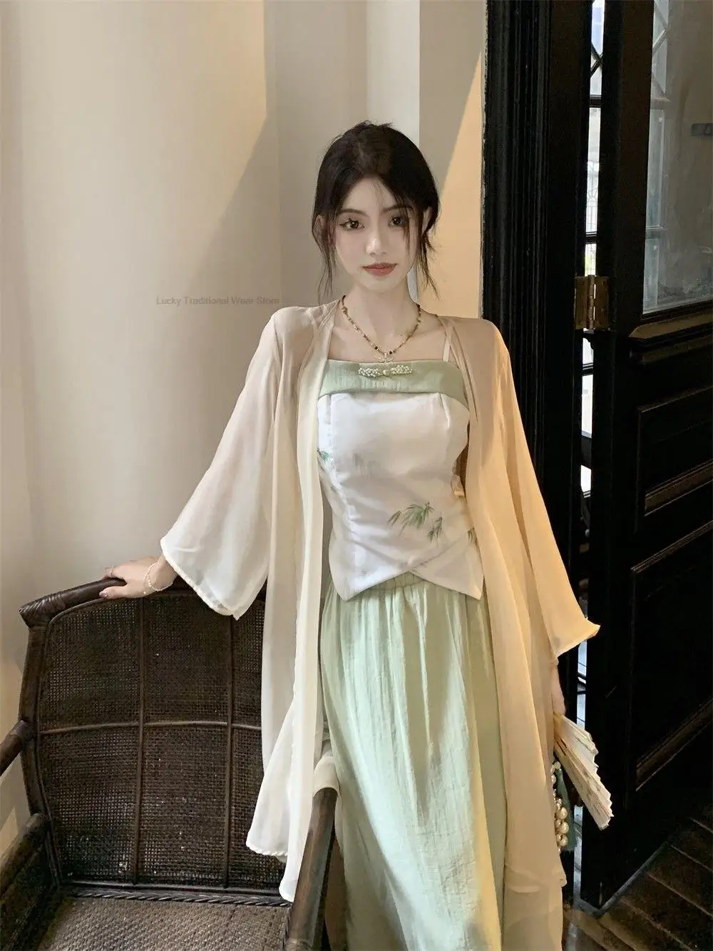 Summer New Chinese Improved Hanfu Dress Set Women Elegant Vintage Clothing Vintage Style Lady Hanfu Three Piece Cheongsam Set