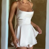 Women Satin Spaghetti Strap Mini Dress Vintage Sleeveless Backless Lace-up A-line Short Dress Sexy Party Club Dress Product Bullets 6