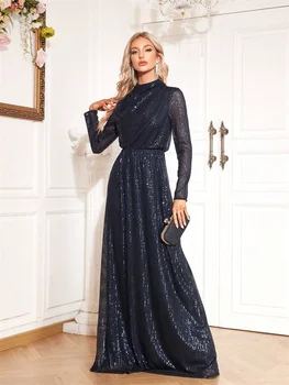 فساتين سهرة فاخرة بالترتر بأكمام طويلة باللون الأزرق وياقة عالية حورية البحر للنساء فستان سهرة رسمي لحفلات الكوكتيل 4