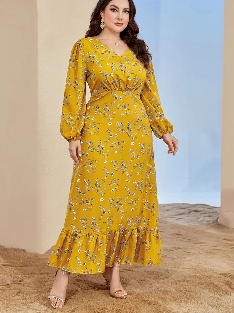 Plus Size Women Elegant Party Evening Maxi Dresses 2023 New Spring Autumn Yellow Long Sleeve Casual Floral Print Formal Clothing