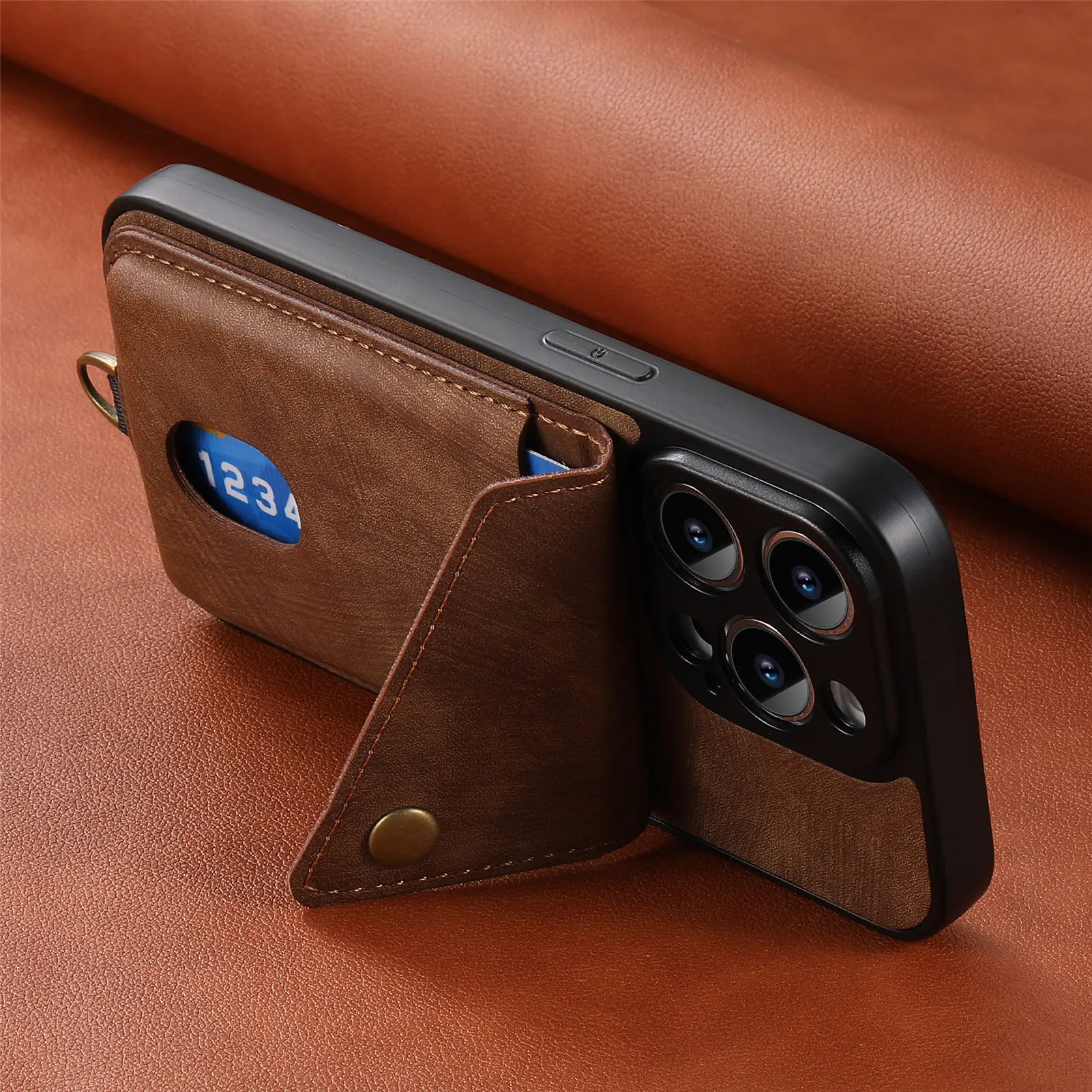 PU Leather Flip Wallet Card Holder Case with Stand, Lanyard, and Shockproof Bumper Cover