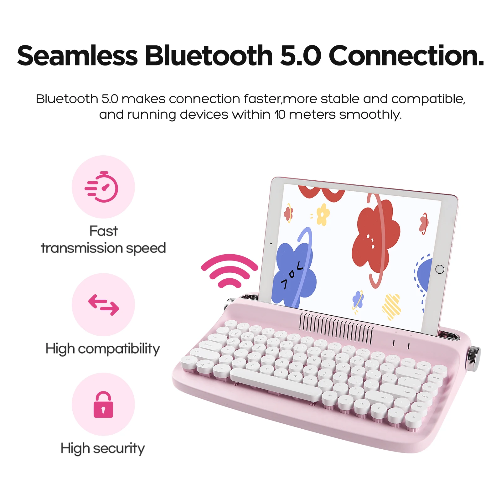 Yunzii-actto B303 Máquina de Escrever sem Fio Bluetooth Teclado Estético Suporte Integrado para Vários Dispositivos Rosa Bebê Retro - Imagem 4
