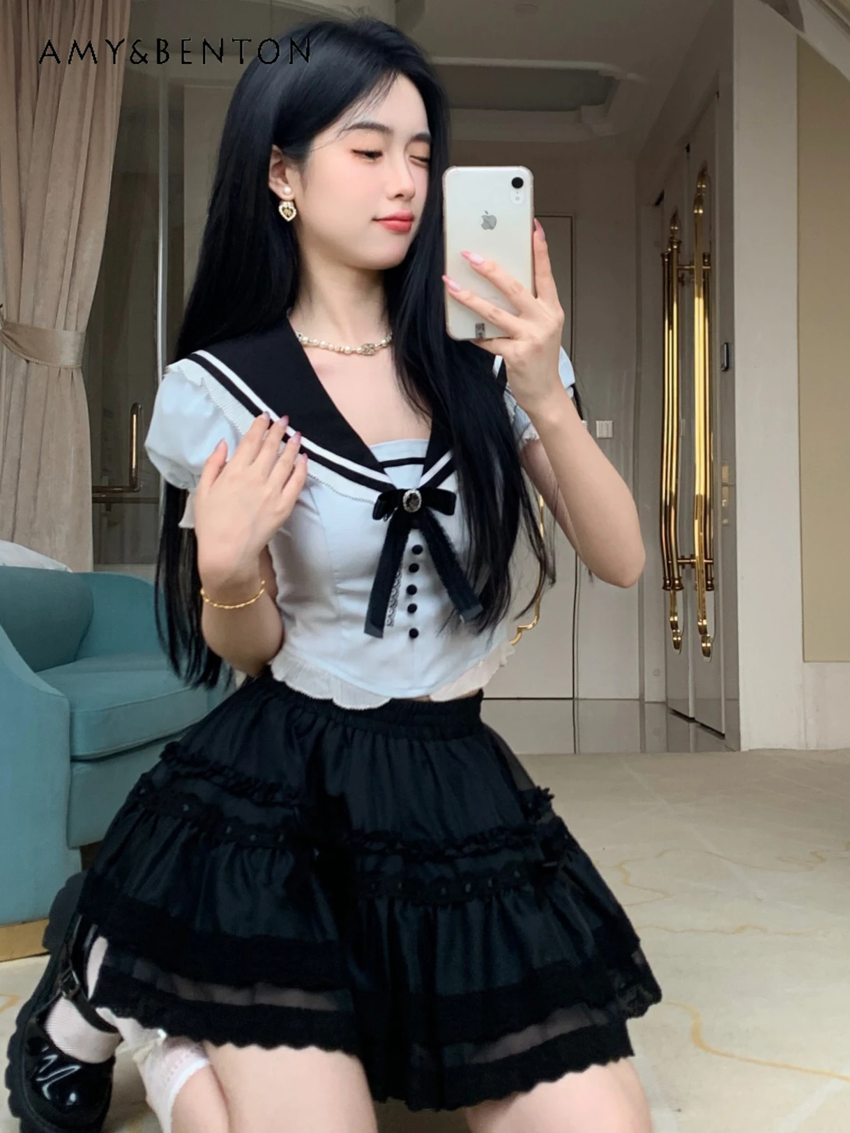 

Preppy Style Sweet Cute Sailor Collar Short Sleeve Shirt High Waist Slim Mini Skirt Two-Piece Set Women Summer Y2K Skirt Sets