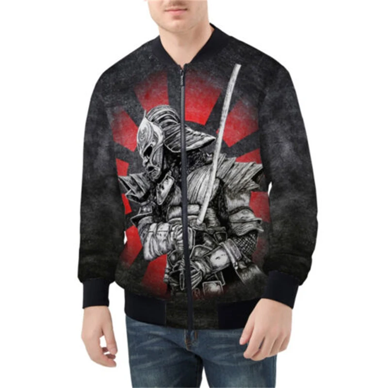 thumbnail image 1 of Chaqueta de primavera y otoño para hombre, con estampado 3D de máscara de samurái Oni y tatuaje, con cremallera por todas partes, chaquetas de bombardero para hombre, abrigos casuales unisex, ropa gen, 1 of 5