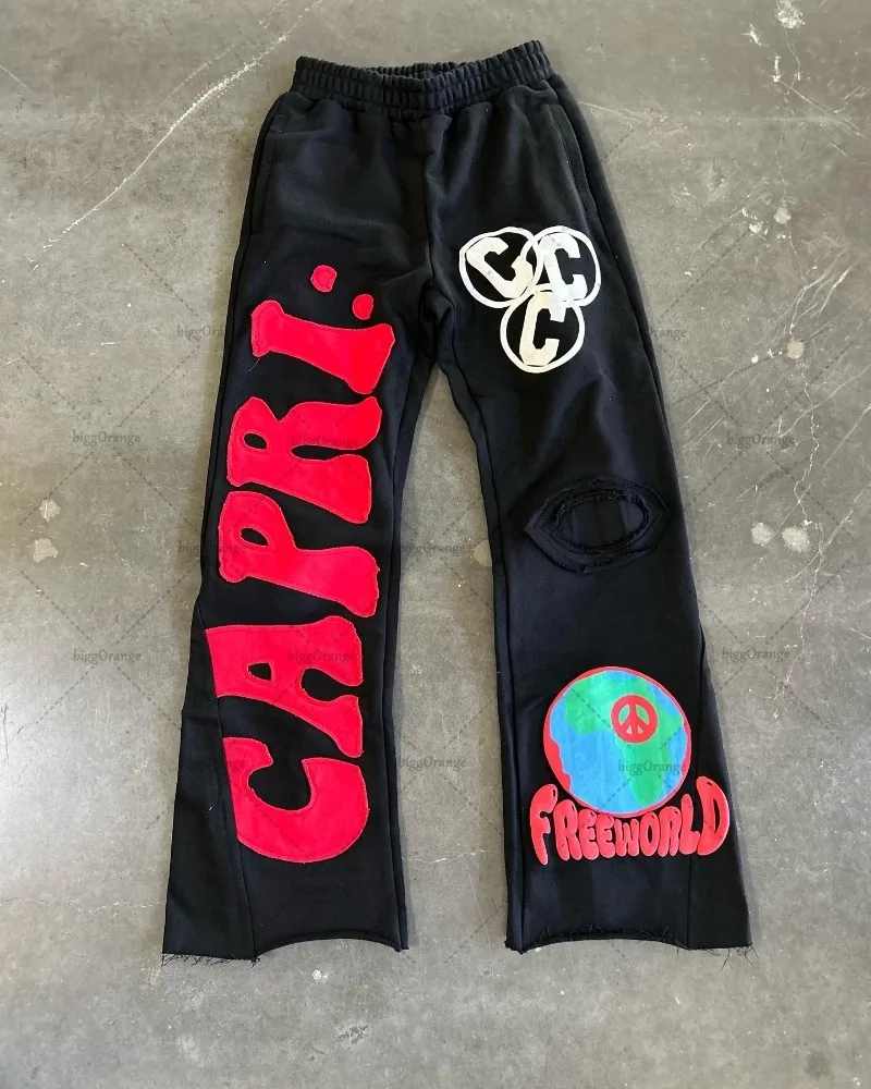 Wide Leg Pants Men American Street Hip-hop Embroidered High Street Fashion Loose Casual Knitted