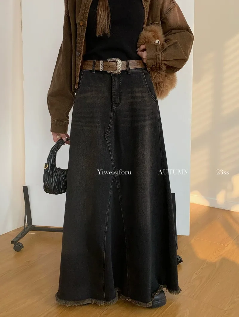 

ZHISILAO New Black High Waist A-line Long Skirt Women Vintage Black Trumpet Denim Skirt Spring Summer 2024