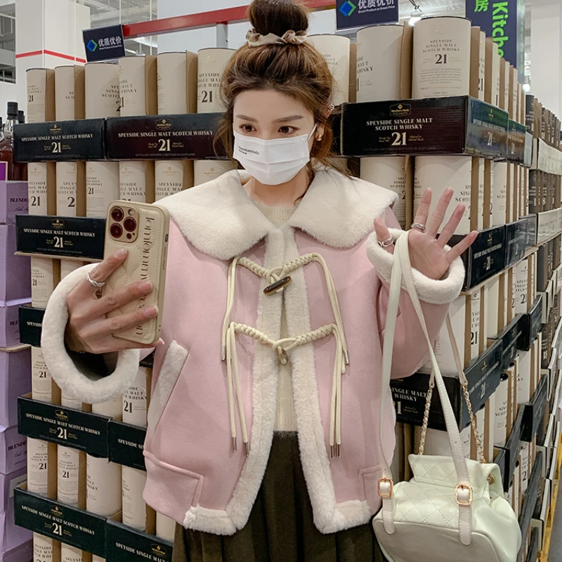 Short Wool Jackets Women Winter Sweet Girl Peter Pan Collar Thickened Loose Horn Button Coat Korean Fashion Daily Outwear Female