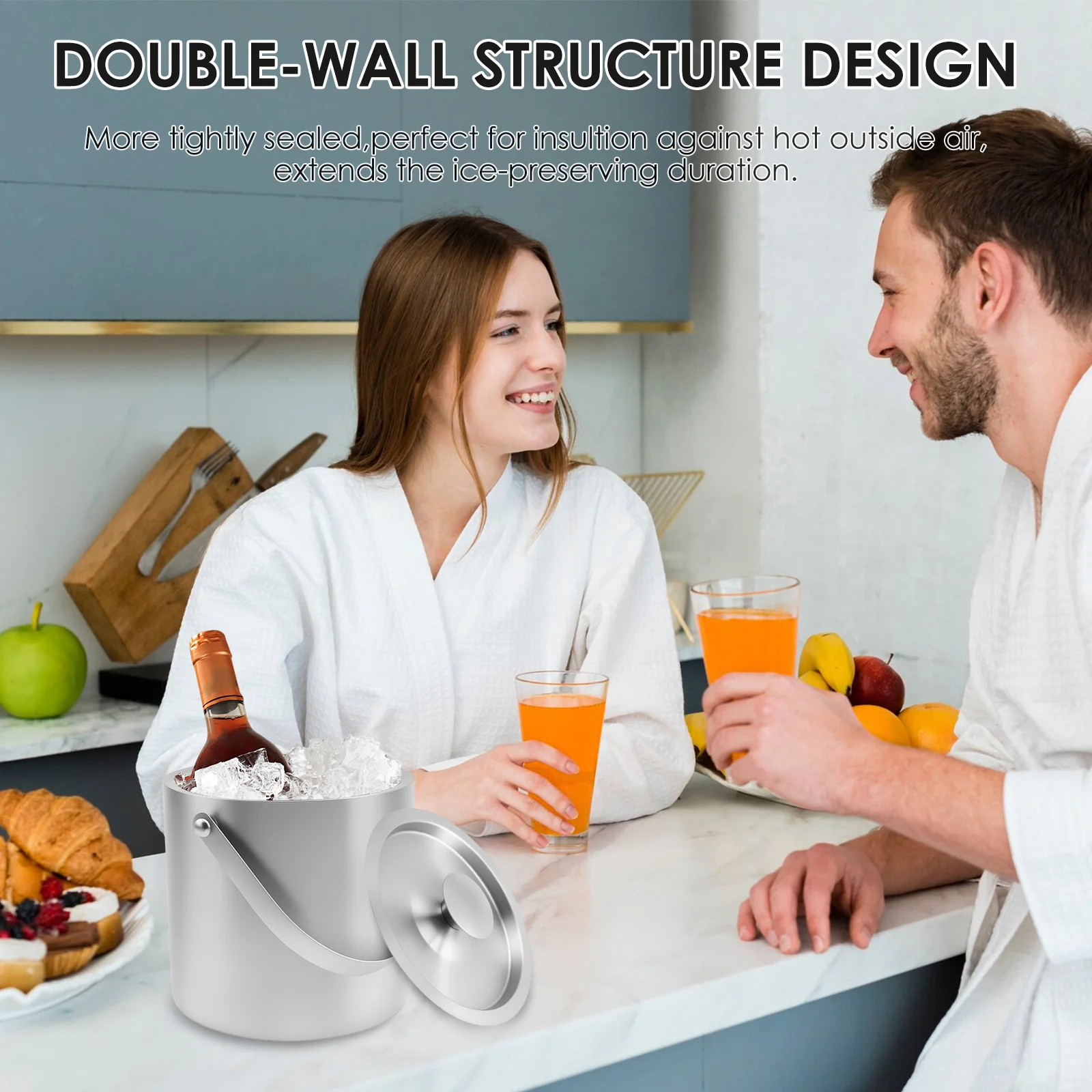Ice Bucket with Handle 3L Double Wall Insulated Ice Container Bin Stainless Steel Icing Cube Container with Clip Strainer