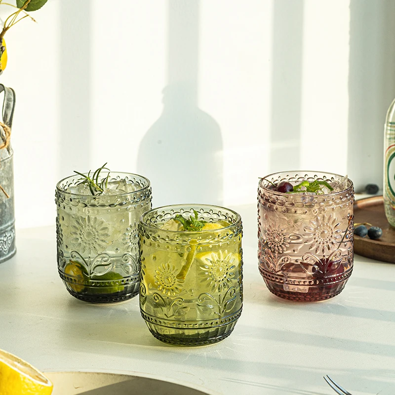 Drinking Glass 360ML Creative Embossed Glass Petal Water Cup European Juice Wine Glass Home Party Drink Cup Ins Style