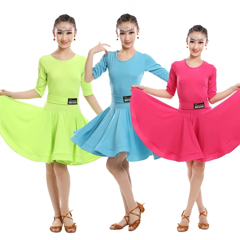 

Girls Green Blue Latin dancing dress Kids Ballroom Salsa Dance wear Outfits Children's Party Stage wear costumes long sleeve