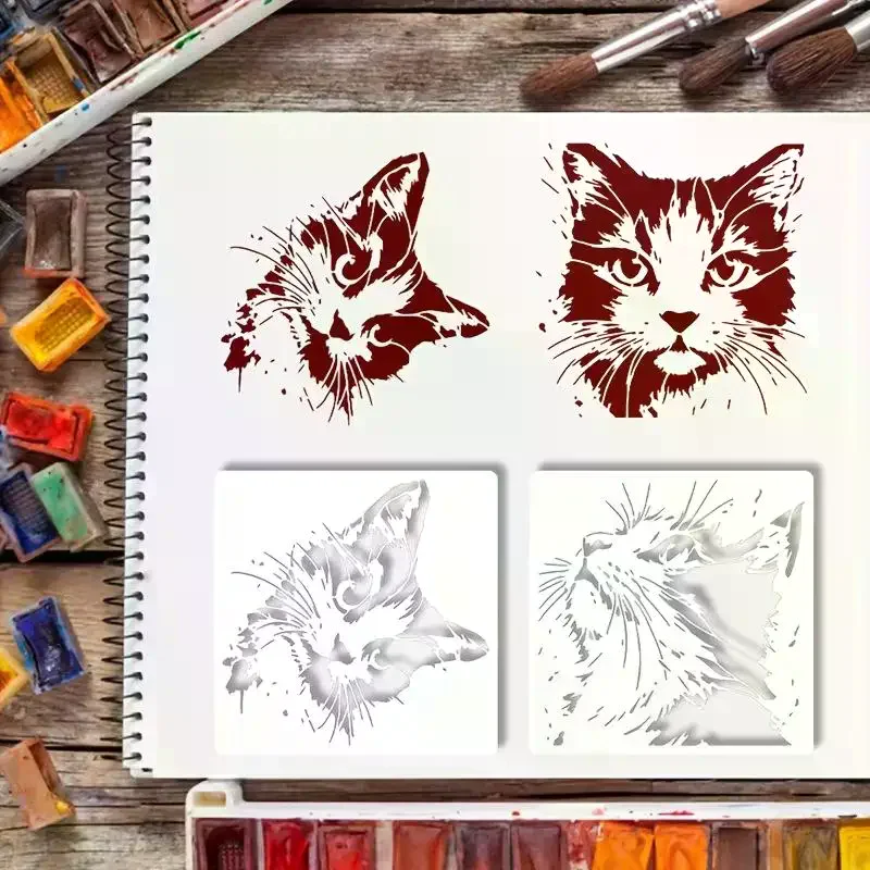 4개/세트 고양이 그림 스텐실, 귀여운 새끼 고양이 패턴이 있는 재사용 가능한 속이 빈 DIY 몰드, 나무 간판, 벽, 저널에 적합