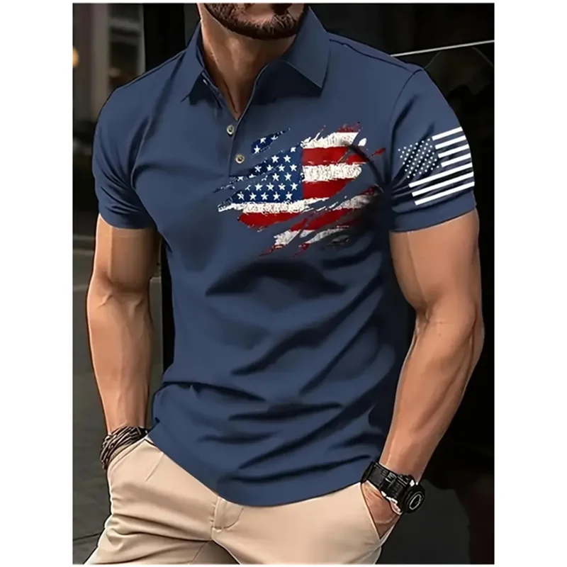 

Retro National Flag Element Men Polo Shirt Business Leisure Fashion Clothing Summer Simple and Breathable Short Sleeve Lapel Top