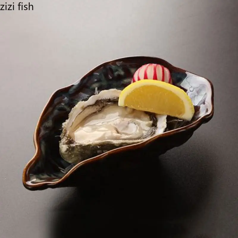 Creative Irregular Oyster Shaped Main Dish Plate Hotel Restaurant Special Tableware Black Shaped Stone Grain Ceramic Plate