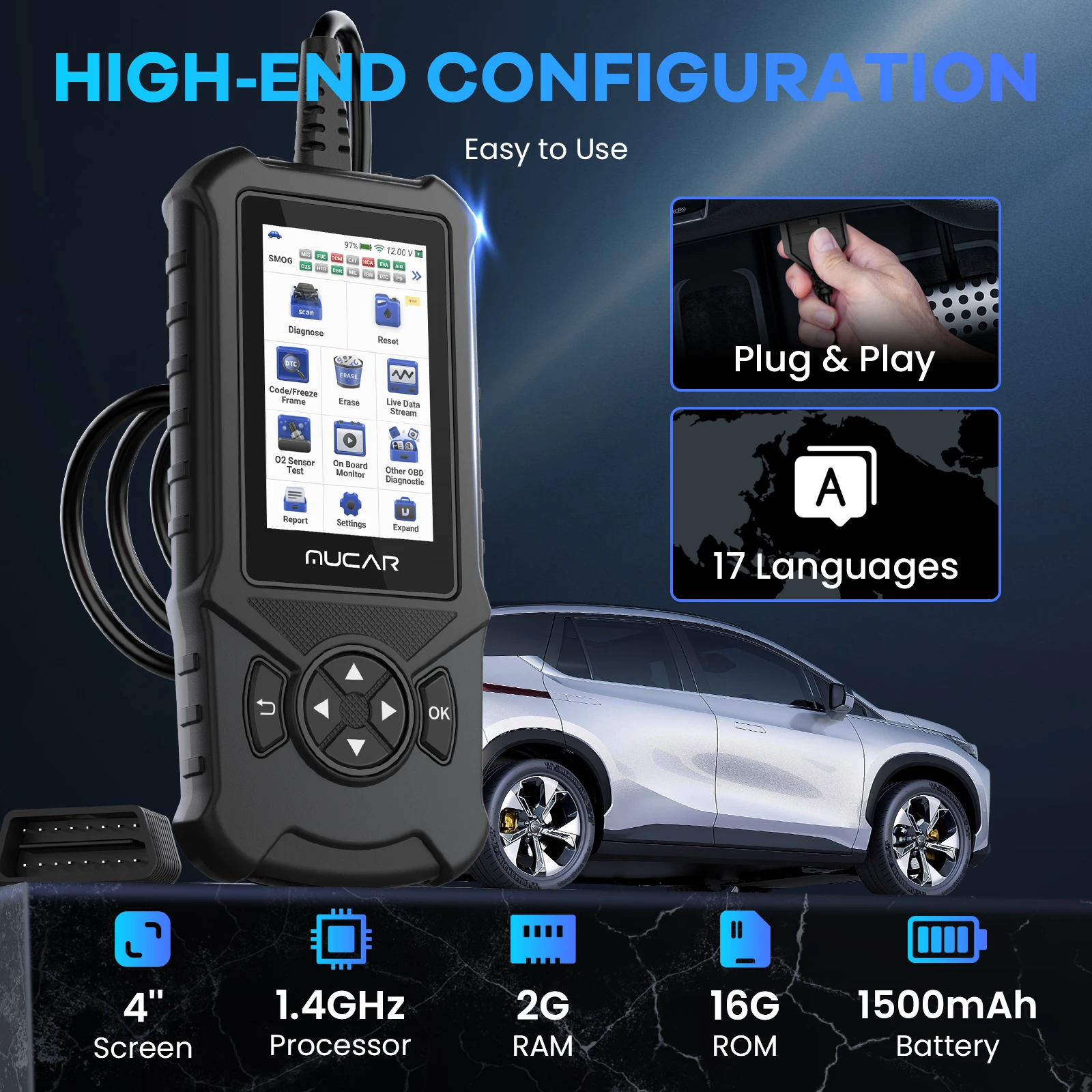 MUCAR CDE900 OBD2 Scanner for Full OBD2 Car Code Reader Scan Tool for ABS/SRS/ECM/TCM Car System Diagnostic Tools Scalable 256GB automotive diagnostic scanner