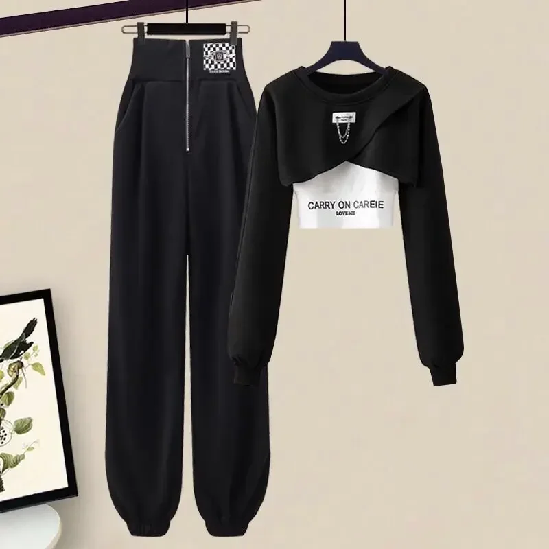 New Korean Elegant Sportswear Suit Women's Spring Autumn Fashion Short Sweater+Suspenders+Pants Three Piece Female Tracksuit Set
