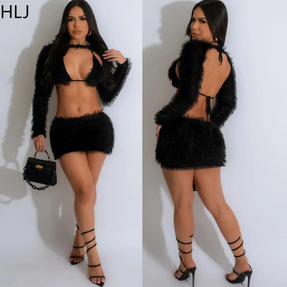 HLJ Sexy Fleece Hot Girl Mini Skirts 3 Piece Set Women Bra+Long Sleeve Crop Top+Skirts Outfits Fashion Female Nightclub Clothing