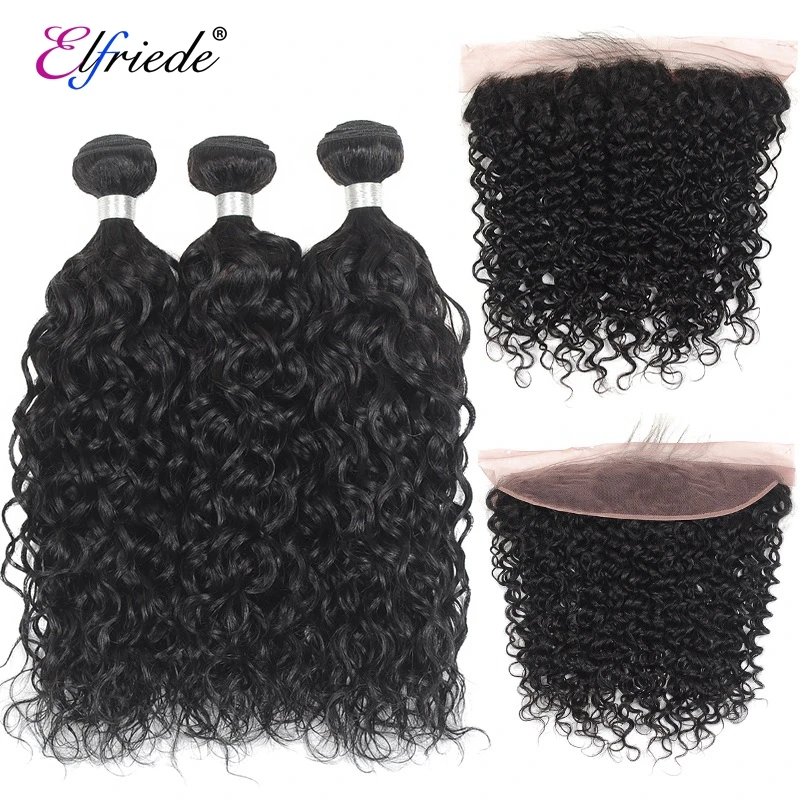 

Elfriede Natural Black Water Wave Bundles with Frontal 100% Remy Human Hair Weaves 3 Bundles with 13x4 Transparent Lace Frontal