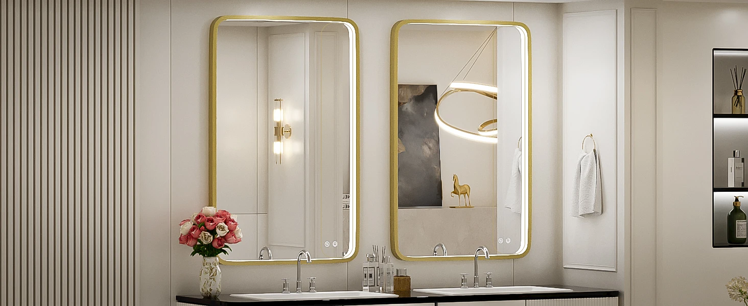 Description Picture 4 of item24x36 Inch LED Bathroom Vanity Mirror with lights,Wall Mounted Lighted Mirrors with Non-Rusting Gold Metal Frame