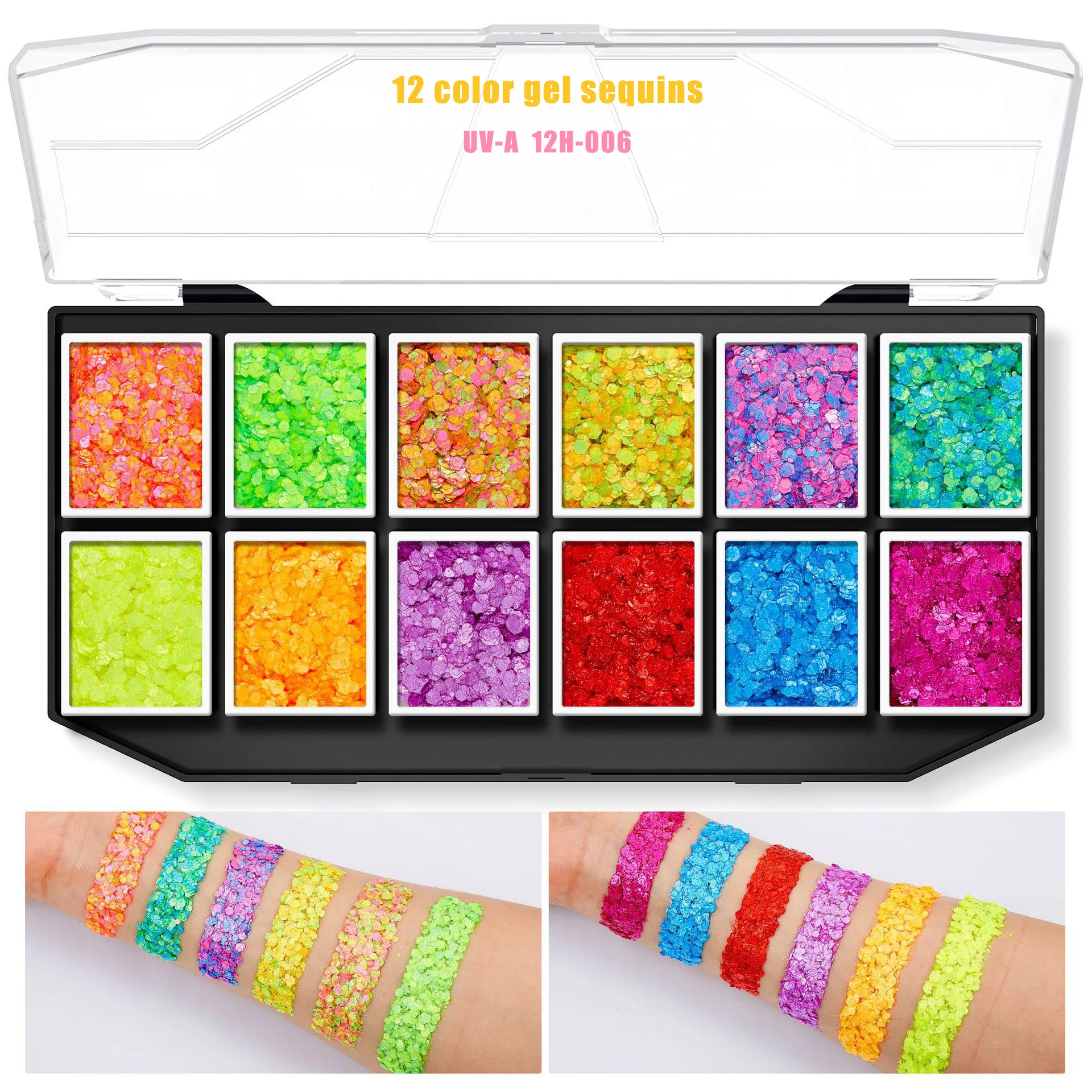 12 Color UV Luminous Holographic Glow Chunky Glitter Eyeshadow Palette Sequin Gel for Kid's Christmas Makeup 5