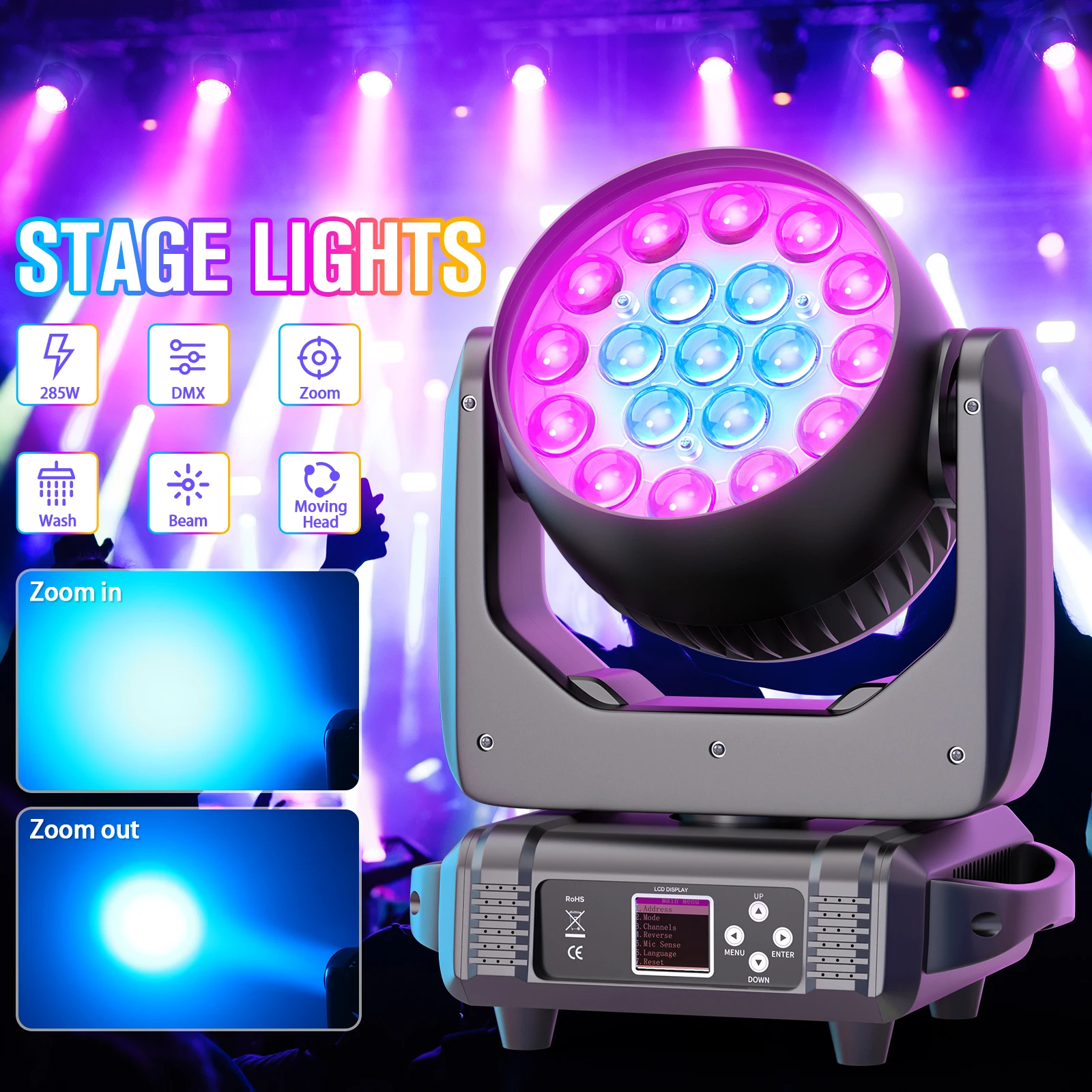 Moving Head Light 19x15W DMX512 High Brightness Light Wash Zoom Stage DJ Disco Bar Party Dance Hall KTV