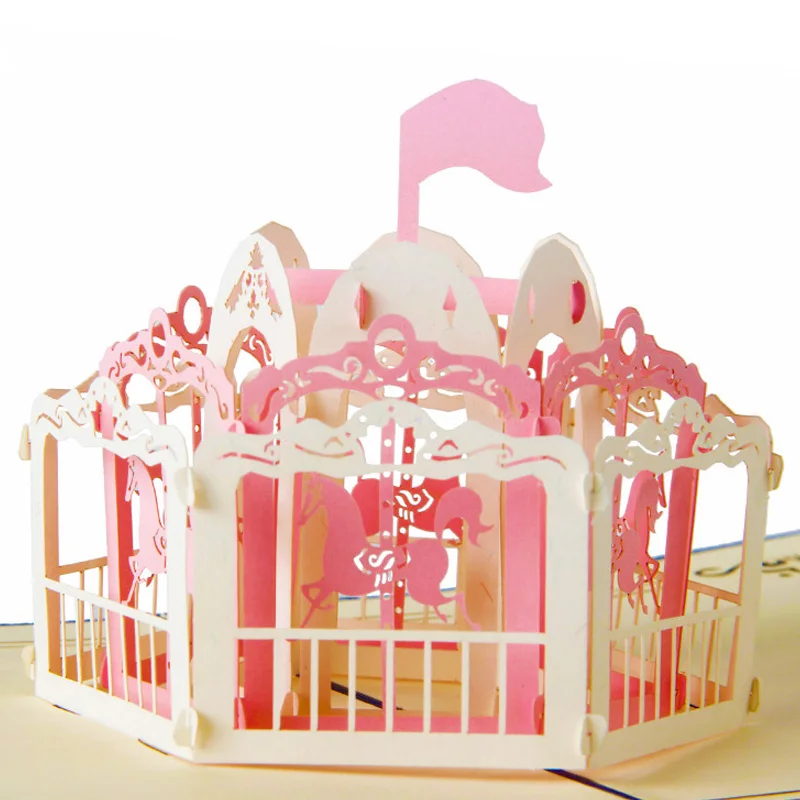 Merry Go Round artesanato laser cut out 3D Pop UP origami Greeting Cards postcards paper DIY crafts CD041