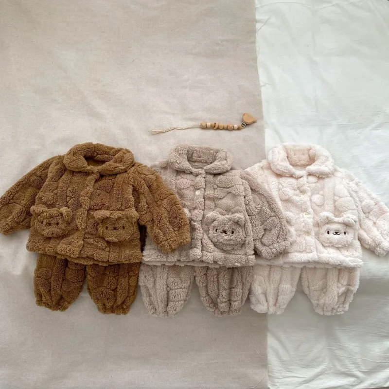 

Autumn Winter New Baby Pajamas Cute Little Bear Plush Thicken Children Sets Solid Warm Tops+pants 2pcs Suit Casual Sleepwear