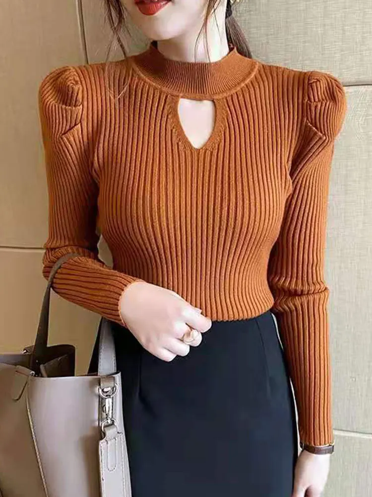 

Sweate Mujer Puff Sleeve Tops Women 2022 Sweaters Winter Clothes Vintage Hollow Out Solid Ribbed Slim Pullover Femme Jumper Top