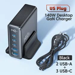 Toocki 140W GaN 5-in-1 Desktop Fast Charger with LED Display - US Black