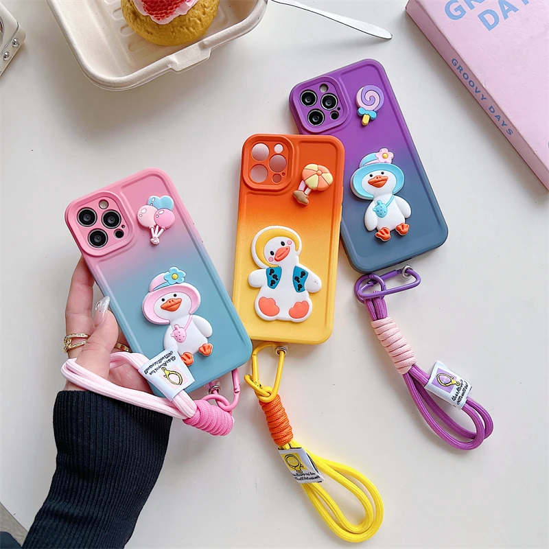 Custodia per telefono con cinturino da polso a forma di anatra carina per Xiaomi Poco X2 X3 X4 NFC X5 Pro X6 F5 F3 F4 GT F2 M3 M4 M5 M6 Braccialetto a cartoni animati Custodia morbida_voghion.com