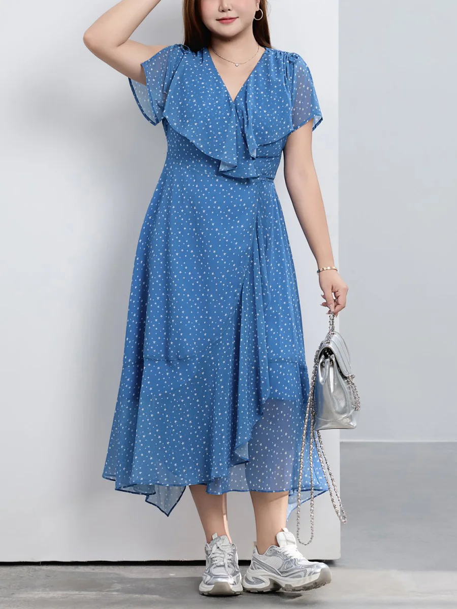 The Star River Shadow V-neck Ruffled Cinched Waist Dress Plus Size Women Premium Asymmetry Vacation Style Print Chiffon Dresses