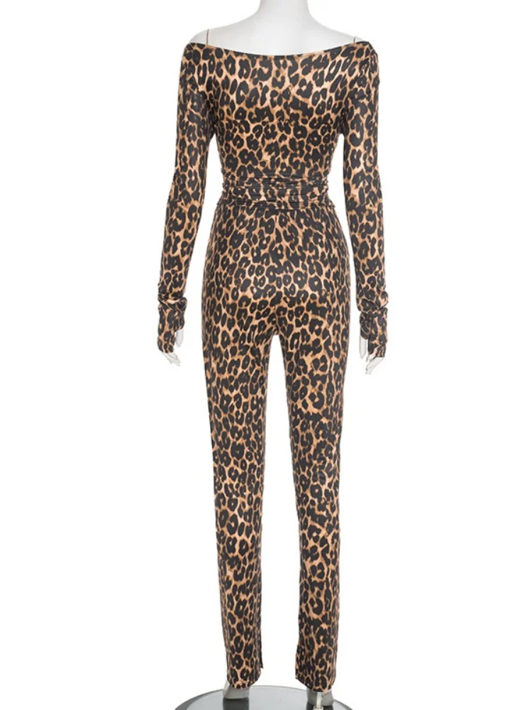 Wmstar Jumpsuit Women Wholesale Sexy Romper Leopard Print V Neck Off The Shoulder Pullover Top Tight Trousers Suit Dropshopping