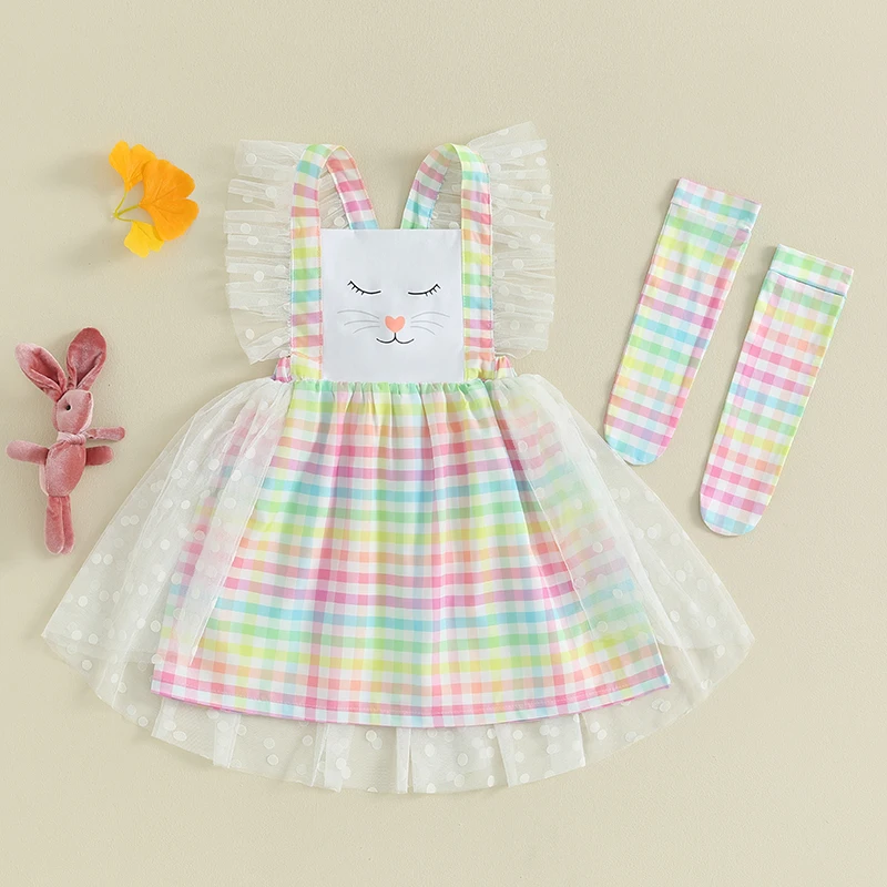 Wankitoi Infant Toddler Baby Girl Easter Outfit Bunny Romper Dress Tulle Sleeveless Lace Dress Socks Baby Girl Clothes