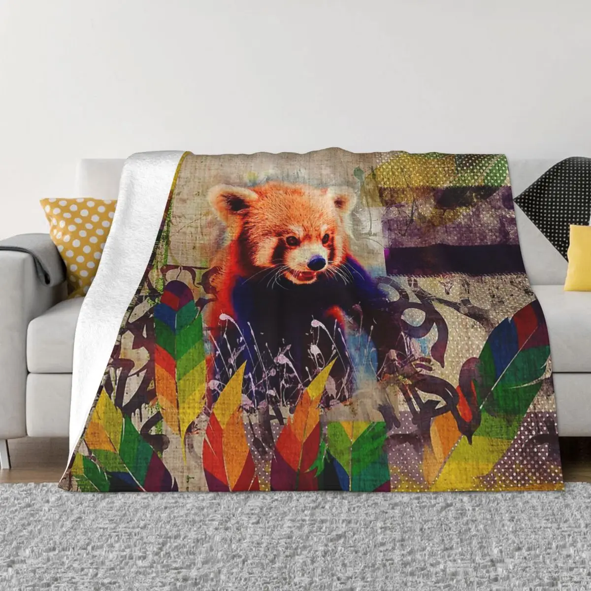 

Red Panda Cute Animal Blanket Flannel Decoration Abstract Vintage Pop Art Composition Portable Home Bedspread