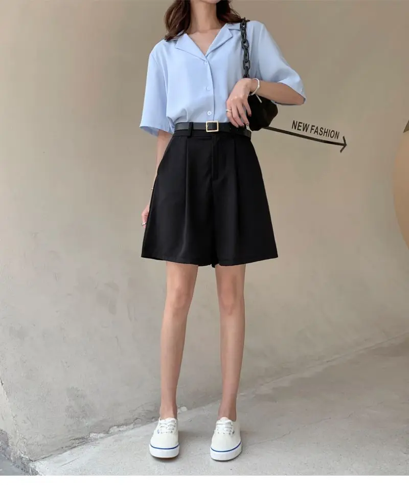 High Waist Straight Solid Blue Color Casual Suit Women's Shorts Clothing 2022 Summer Korean Style Shorts Woman Clothes dolphin shorts