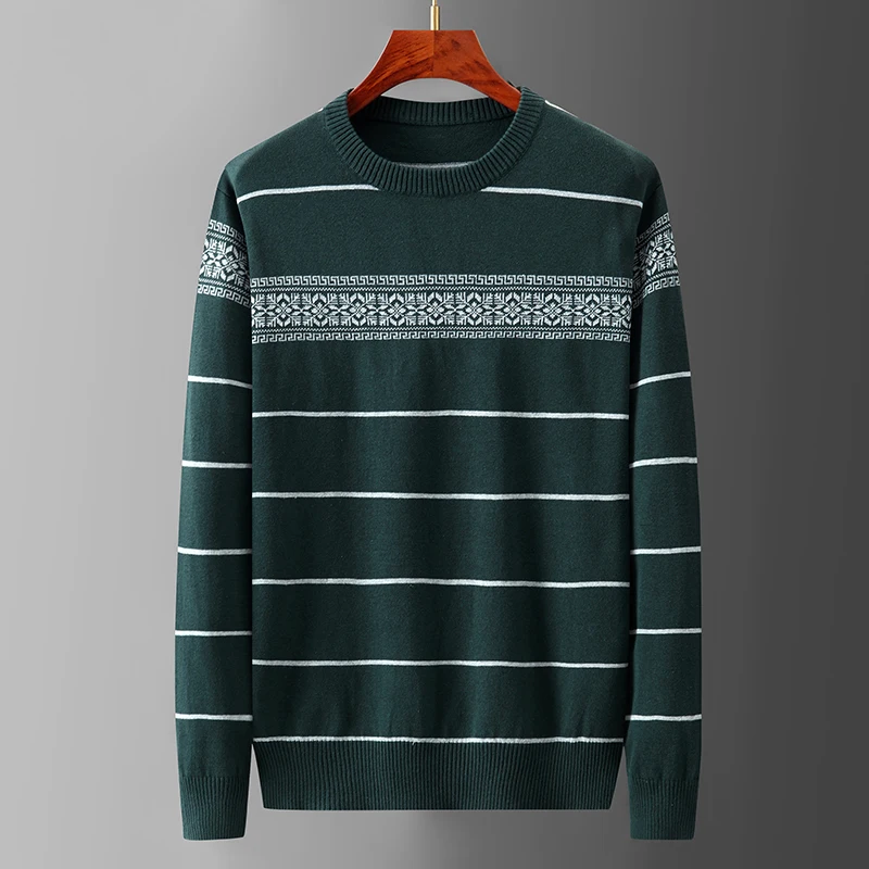 Cotton Jumpers Pullover Knit Wear Sweater  Jacquard Christmas Knitted Thin Black Pull Sweater Male Green Plaid Striped Clothing