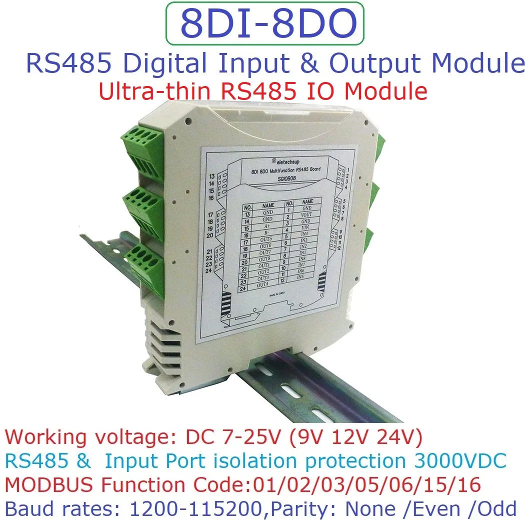 PLC 산업용 장비 계전기용 초박형 안전 장벽 모듈, RS485 IO 8DI-8DO 절연 디지털 입력 출력, MODBUS RTU