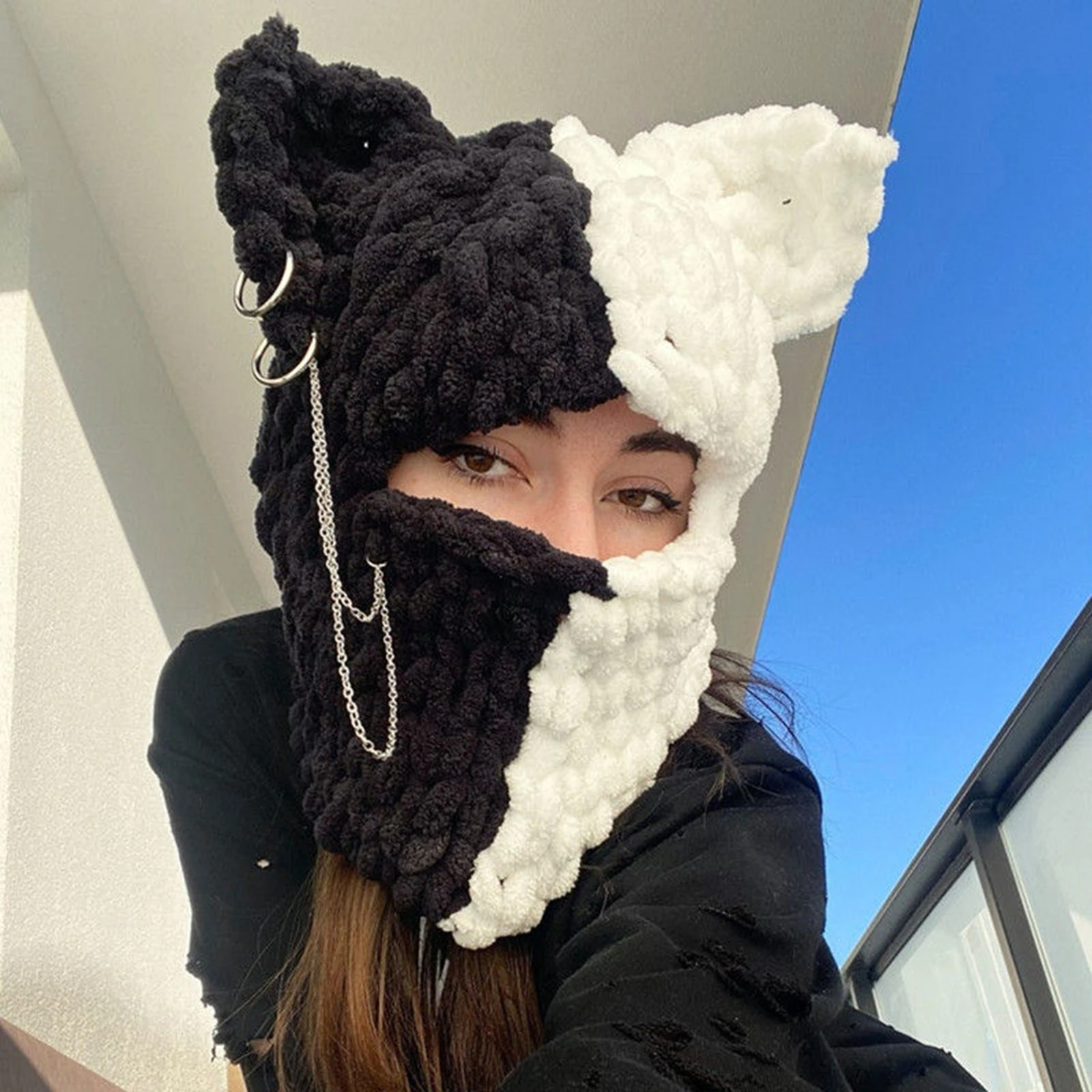 

Y2K Funny Cat Ears Knitted Hat Beanie Creative Fall Winter Warm Full Face Ski Facewear Caps Windproof Hat for Women
