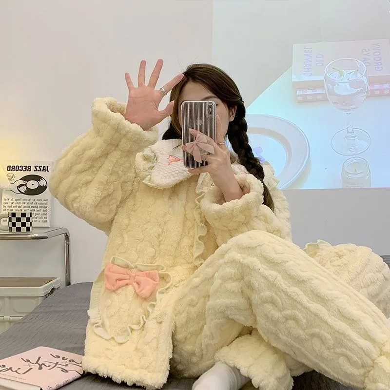 Women Pajamas Winter Coral Fleece Three-layer Warm Cotton-padded Jacket Suit Sweet Girl Thickened Outside Wear Sets Lady Pijamas