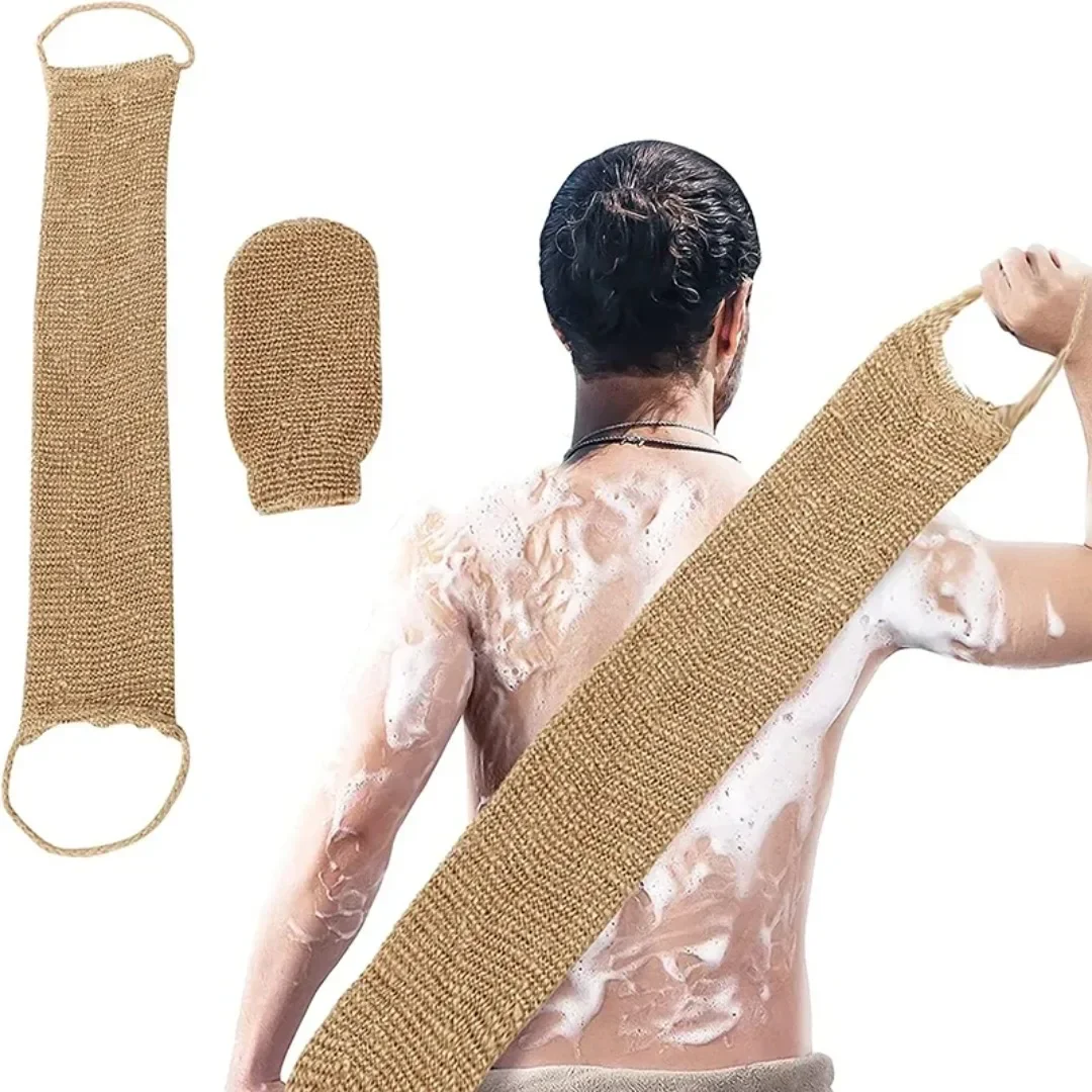 Hemp Back Scrubber Bath Towel Jute Exfoliating Loofah Back Strap with Gloves for Shower Bath Body Cleaning Kit for Bath Supplies