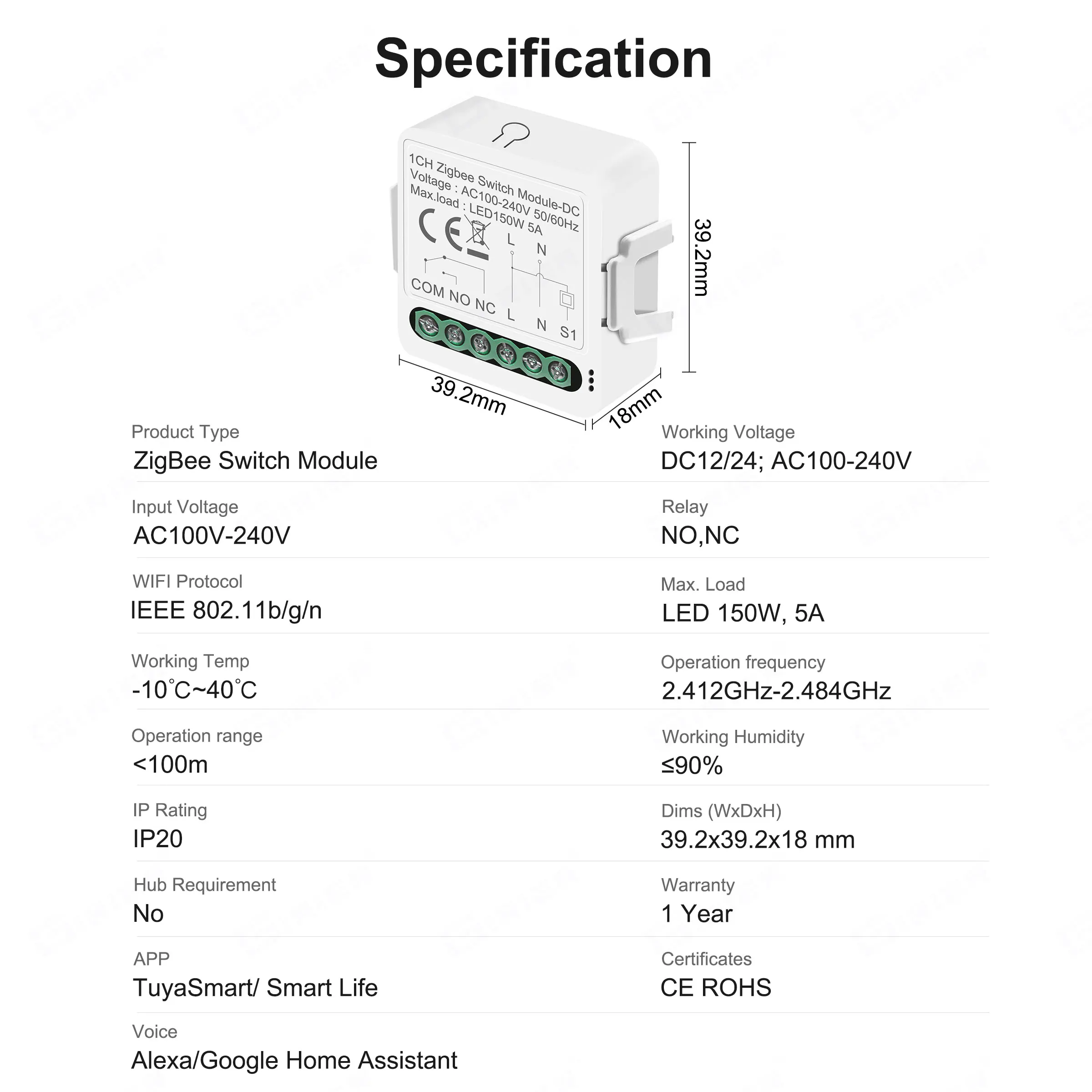 GIRIER Smart ZigBee Switch Module Dry Contact 5A Smart Home DIY Breaker Relay DC 12/24V AC 100-240V Works with Alexa Hey Google smart switch smart light switch