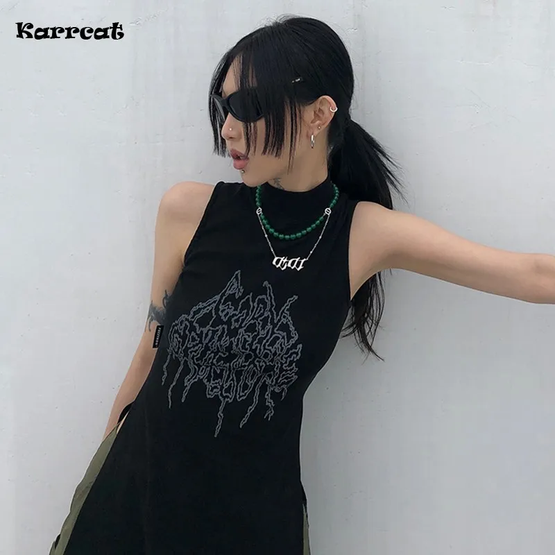 Karrcat Yamamoto Style Black Tank Top Grunge Gothic Dolcevita Top Cyber Y2K Chic Designer Clothes Dark Estetica Streetwear