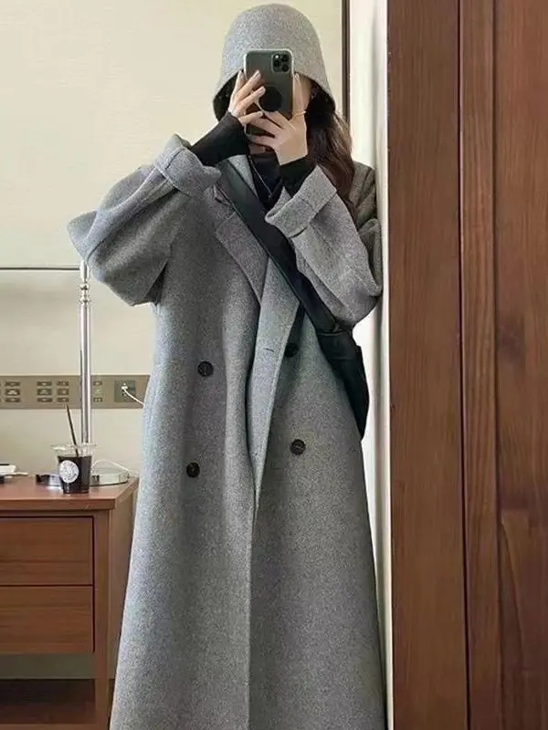 Women Double Breasted Woolen Coat Lapel Collar Long Sleeves Solid Long Wool Coats Autumn Winter Warm Fashion Lady Loose Overcoat