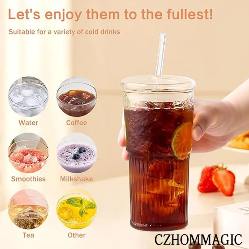 550ml Stripe Glass Cups With Lids and Glass Straws Ribbed Tumbler