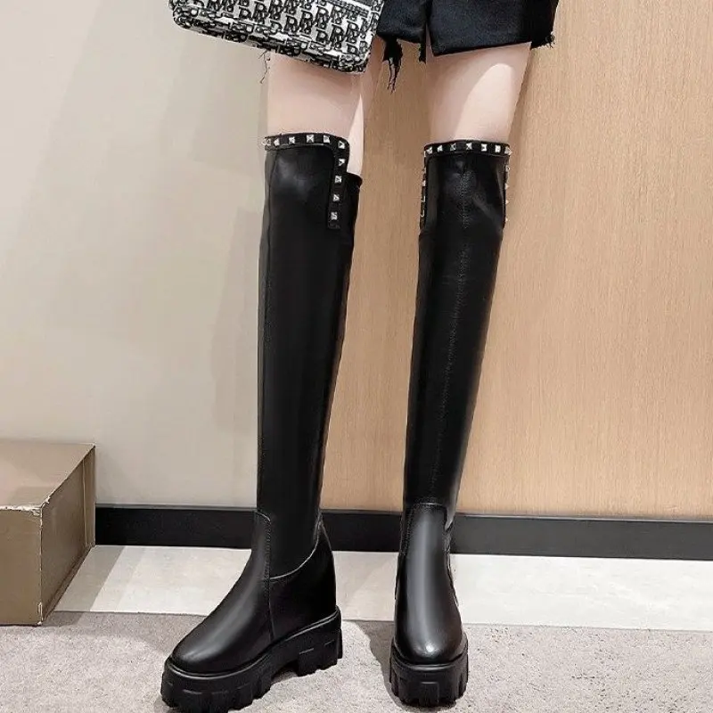 2024 NEW Winter Fashion Rivets Over The Knee Boots Women Cool Metal Decoration Long Boots Fashion Thick Sole High Boots Black