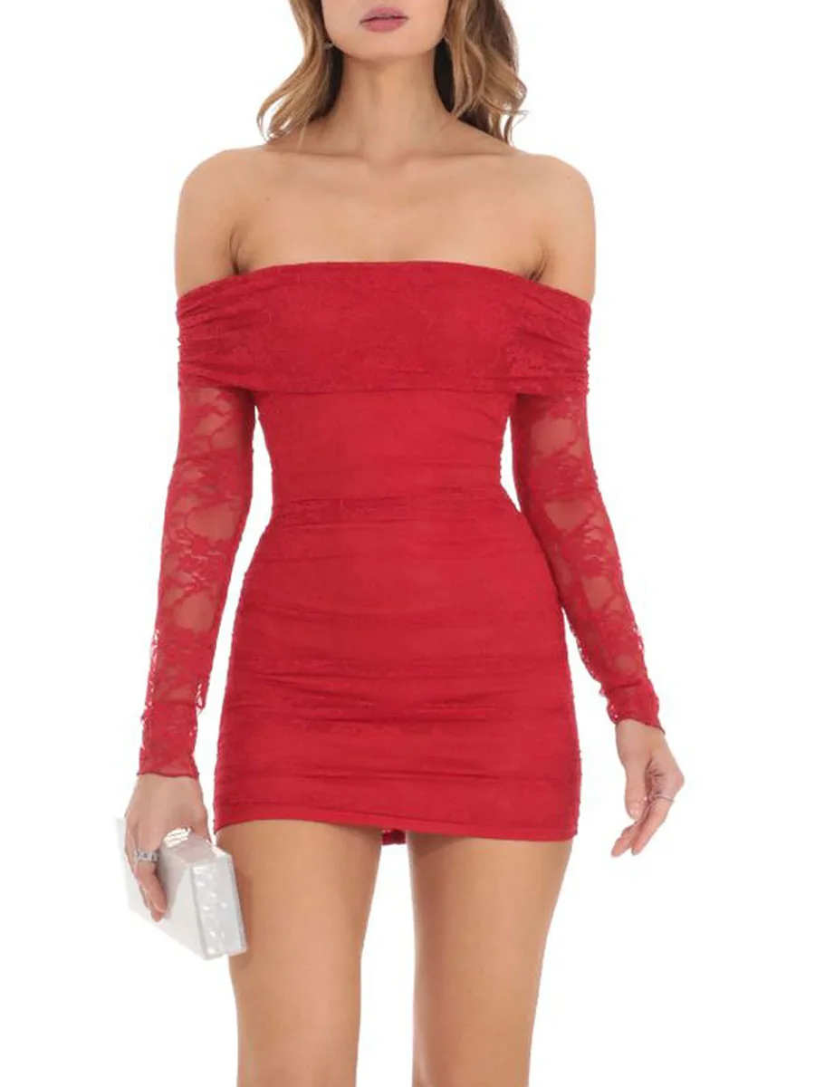 

Women's Solid Color Off Shoulder Lace Dress Fashion Long Sleeve Ruched Bodycon Mini Dress for Party Cocktail Club