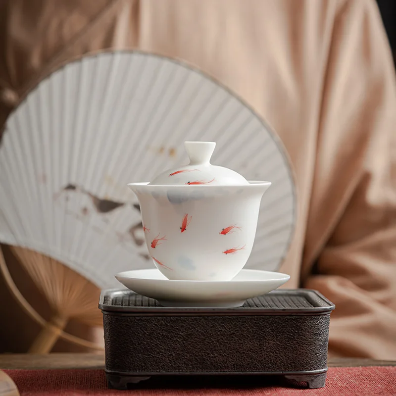 

Hand Painted White Ru-Kiln Single Gracked Glaze Supportable Gaiwan Mutton Fat Jade Household Tea Brewing Bowl Kung Fu Tea Set