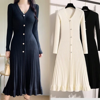 YuooMuoo 2025 Autumn Winter Women Knitted Long Dress Brand Fashion V-neck Slim Waist Pleated Sweater Dress Lady Office Vestidos 1