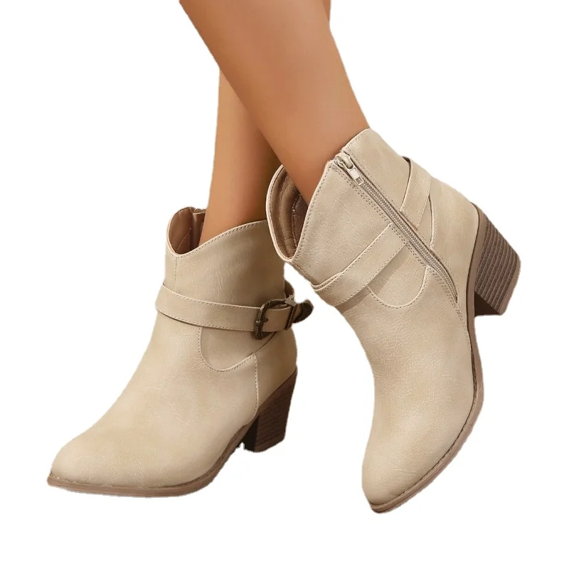 2023 Hot Sale Women's Shoes Belt Buckle Women's Boots Fashion Side Zipp Modern Boots Women High Quality Round Toe Ankle Boots