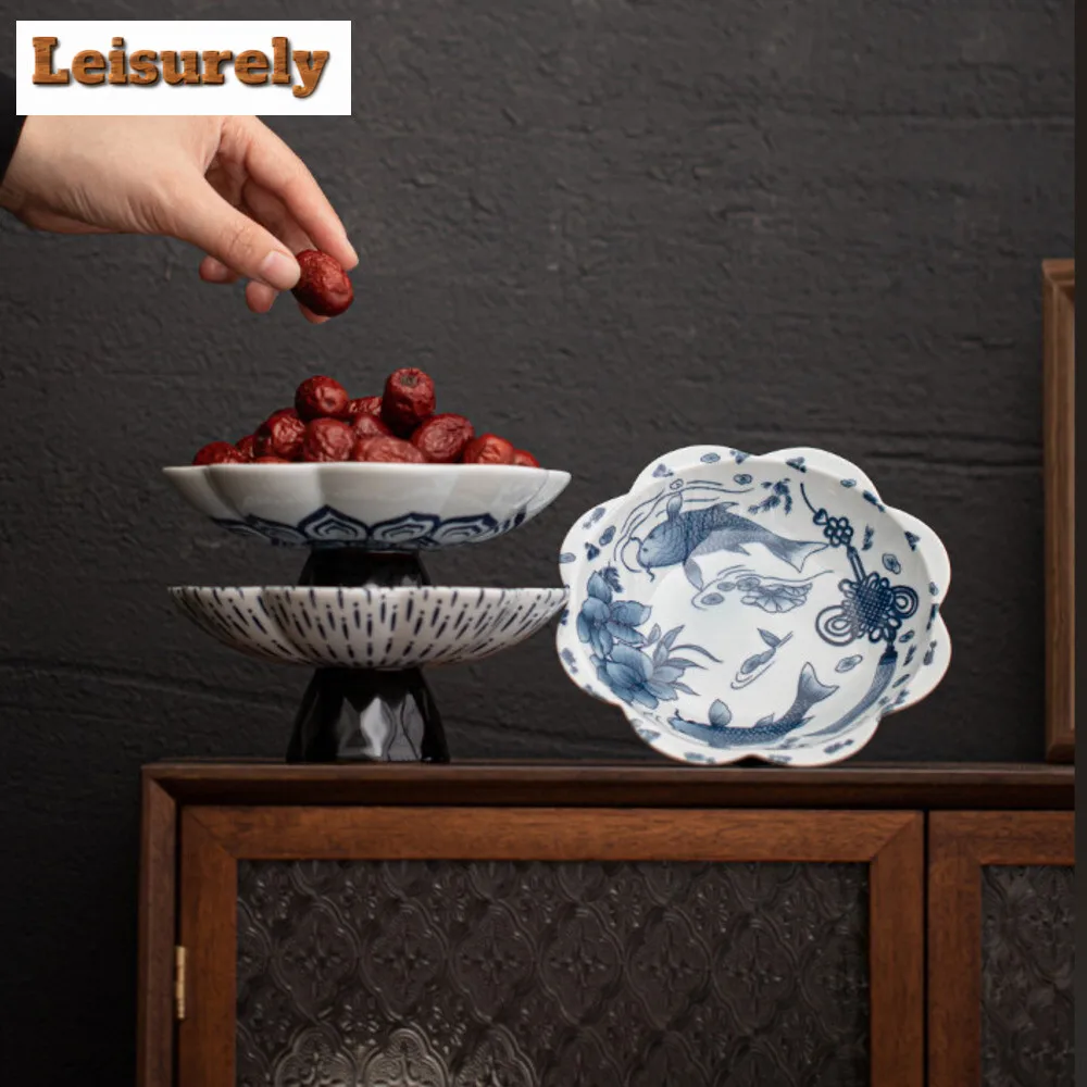 Antique Blue and White Fruit Dishes Zen High Legged Pastry Plate Refreshment Fruit Plate Fruit Plate Serving Tray Teaset Craft