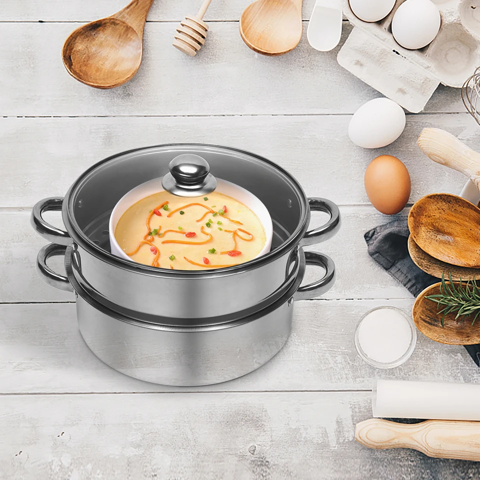 Cuisinière Vapeur 3 étages En Inox - 28 Cm, Compatible Induction Et Gaz, Avec Couvercle Verre - 13